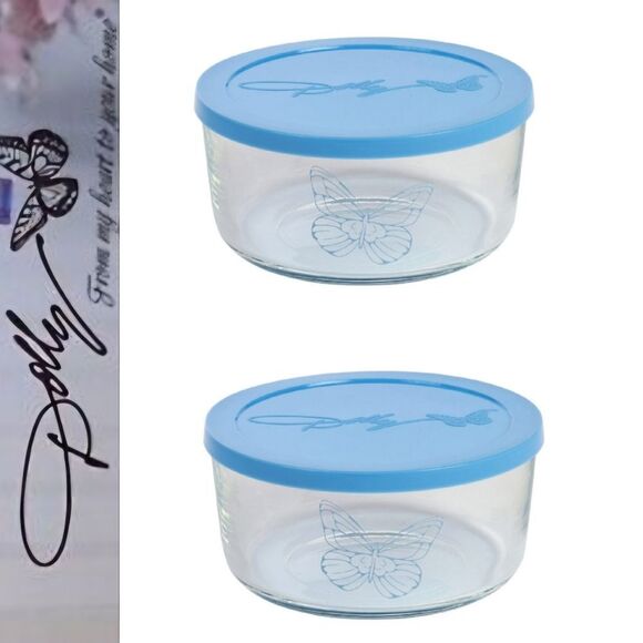 Dolly Parton Butterfly Round Glass Food Storage Containers- Light Blue - Picture 1 of 7